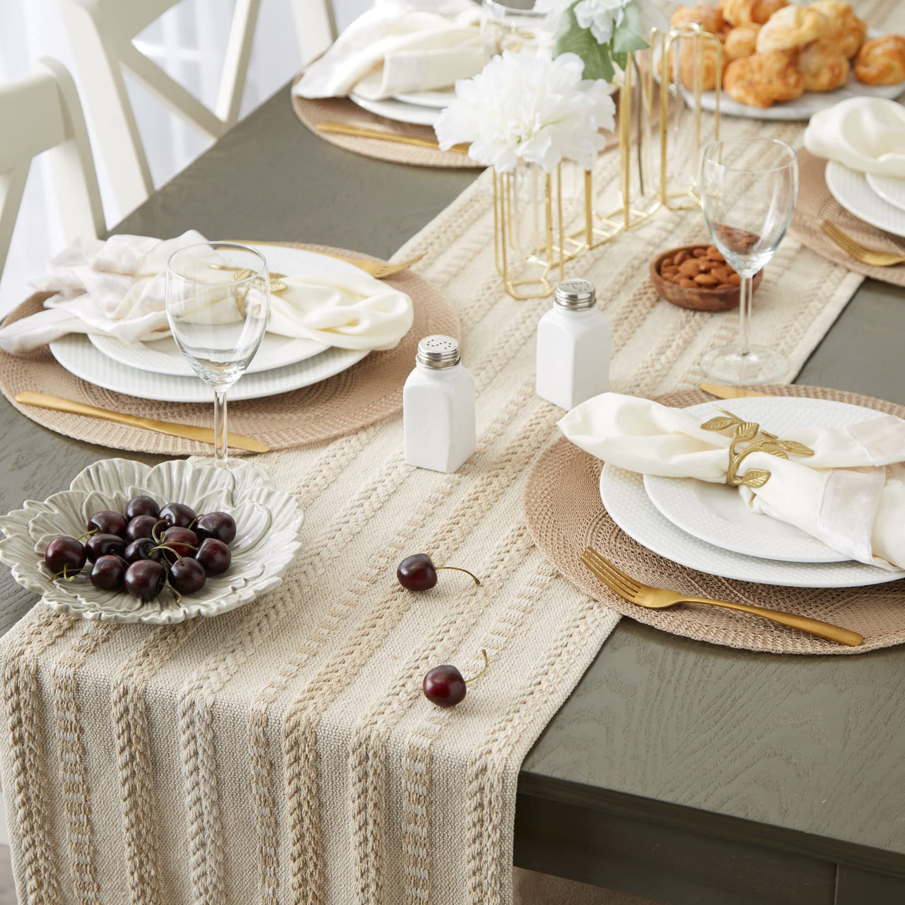DII Farmhouse Braided Stripe Table Runner Collection, 15x108 (15x113, Fringe Included), Vintage Linen