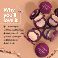 Hilary Rhoda HD High-Definition Pressed Powder | 2 in 1 Compact Powder | Shimmery & Matte Finish | Oil Control Formula | 18g (Buff Beige - Shade 03)