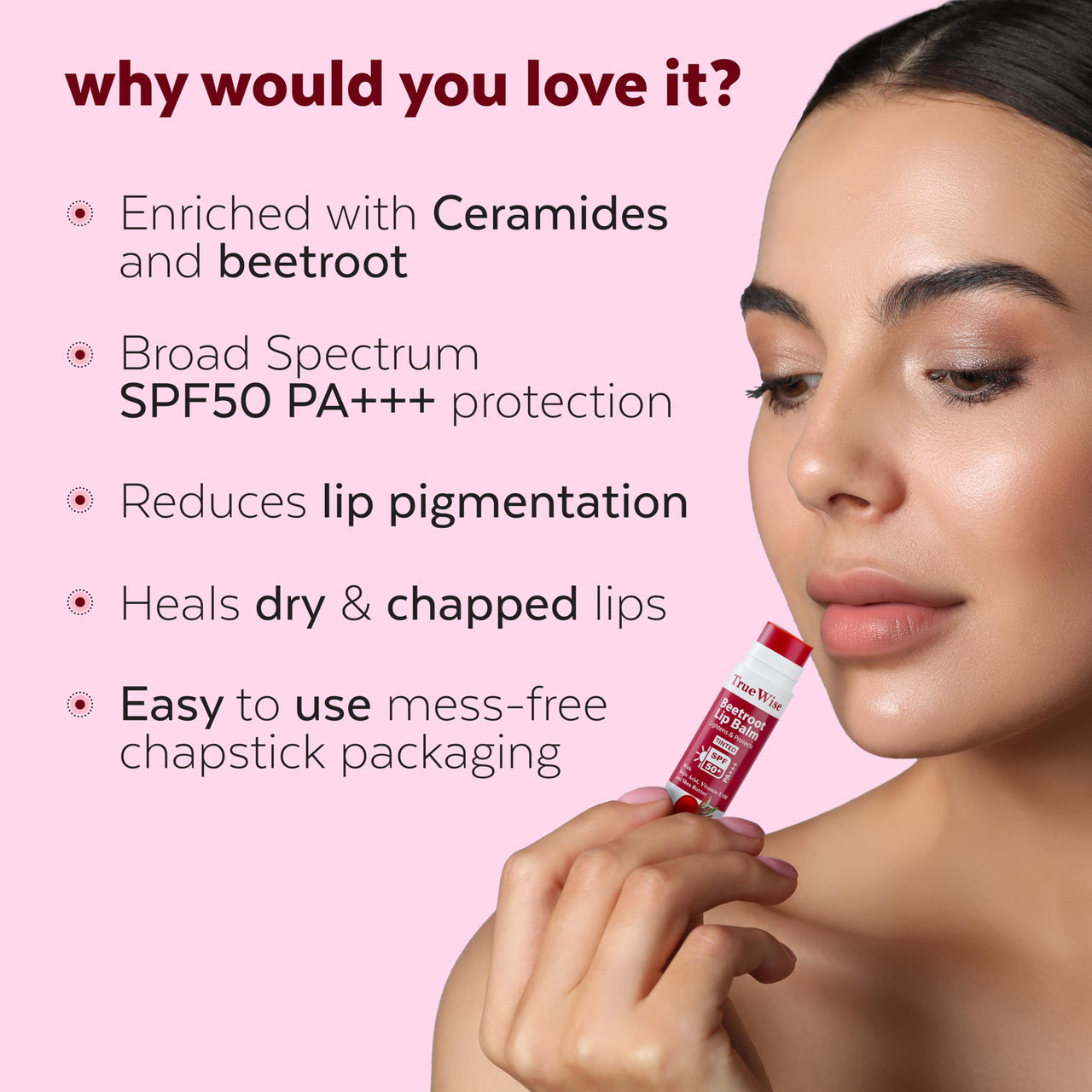 TrueWise® Tinted Lip Balm with SPF 50 PA+++ Brightening Beetroot Lip Balm For Dark Lips With Kojic Acid,Vitamin E, Soft, Glossy Lips- SPF lip balm for Women 5g (Pack Of 2)