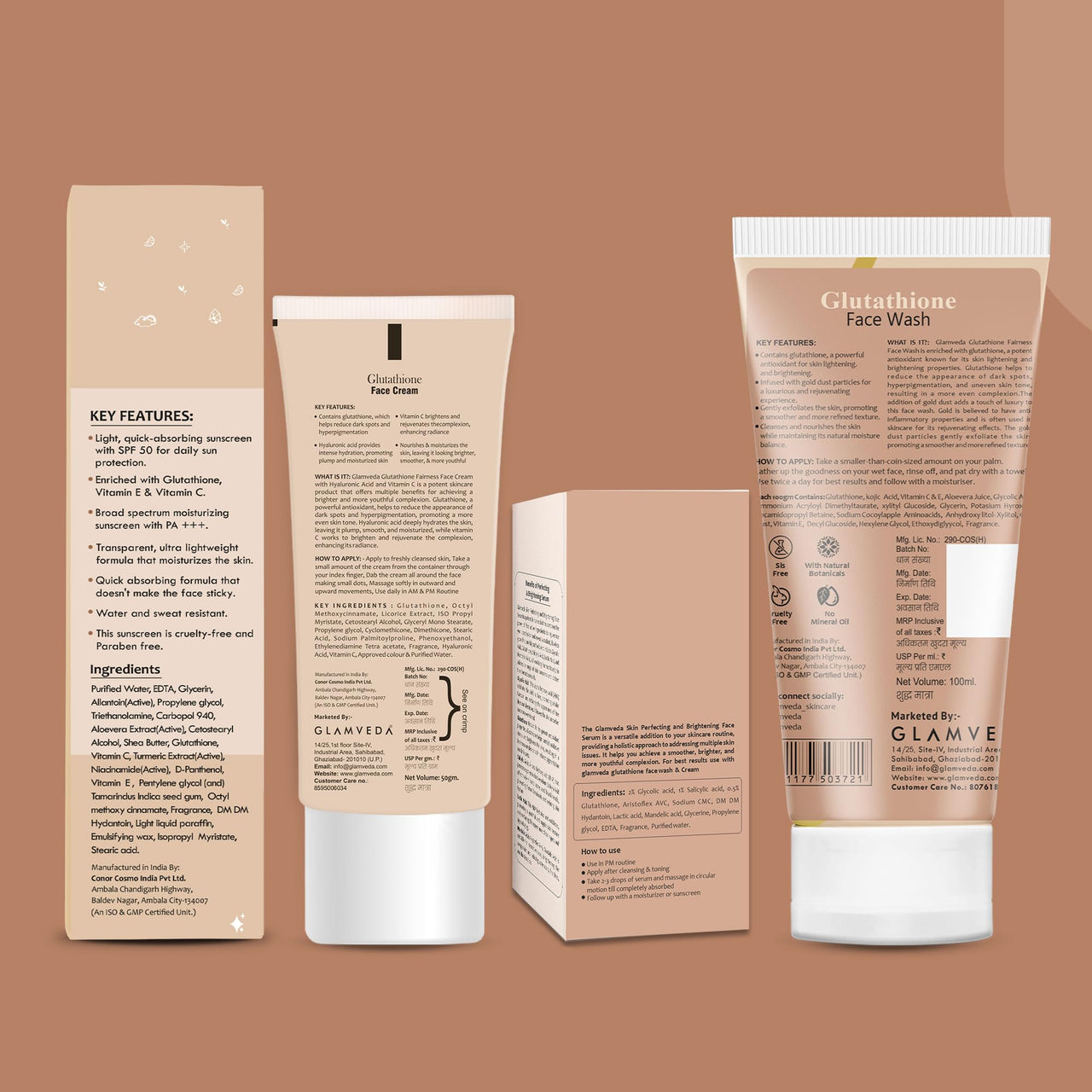 Glamveda Glutathione 4-Step Skincare Routine For Healthy & Radiant Skin | Skin Brightening and Lightening Combo ( Facewash + Facecream + Faceserum + Sunscreen )