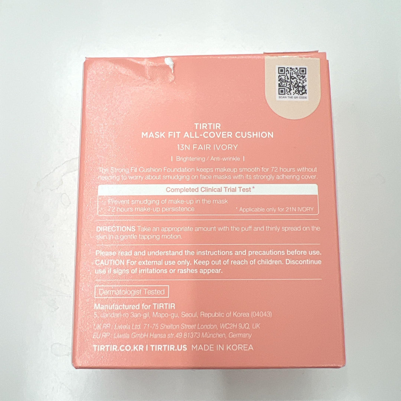 TIRTIR Mask All-Cover Cushion Foundation | Full coverage, Skin fit, Satin Glow Finish | Korean Cushion Foundation #13N FAIR IVORY | 18g