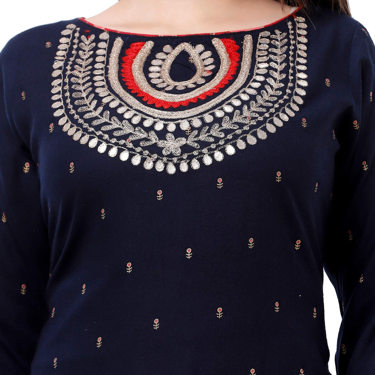 Ashta Vinayak Creations Women's  Casual Rayon Embroidered Straight Kurti With Sharara Set(AVC74_Black_Red)