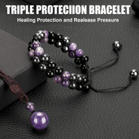 Triple Protection Bracelet for Women, Handmade Bracelet for Men Genuine Amethyst Black Obsidian Hematite 8mm Healing Crystal Bracelets Bring Luck Prosperity Happiness