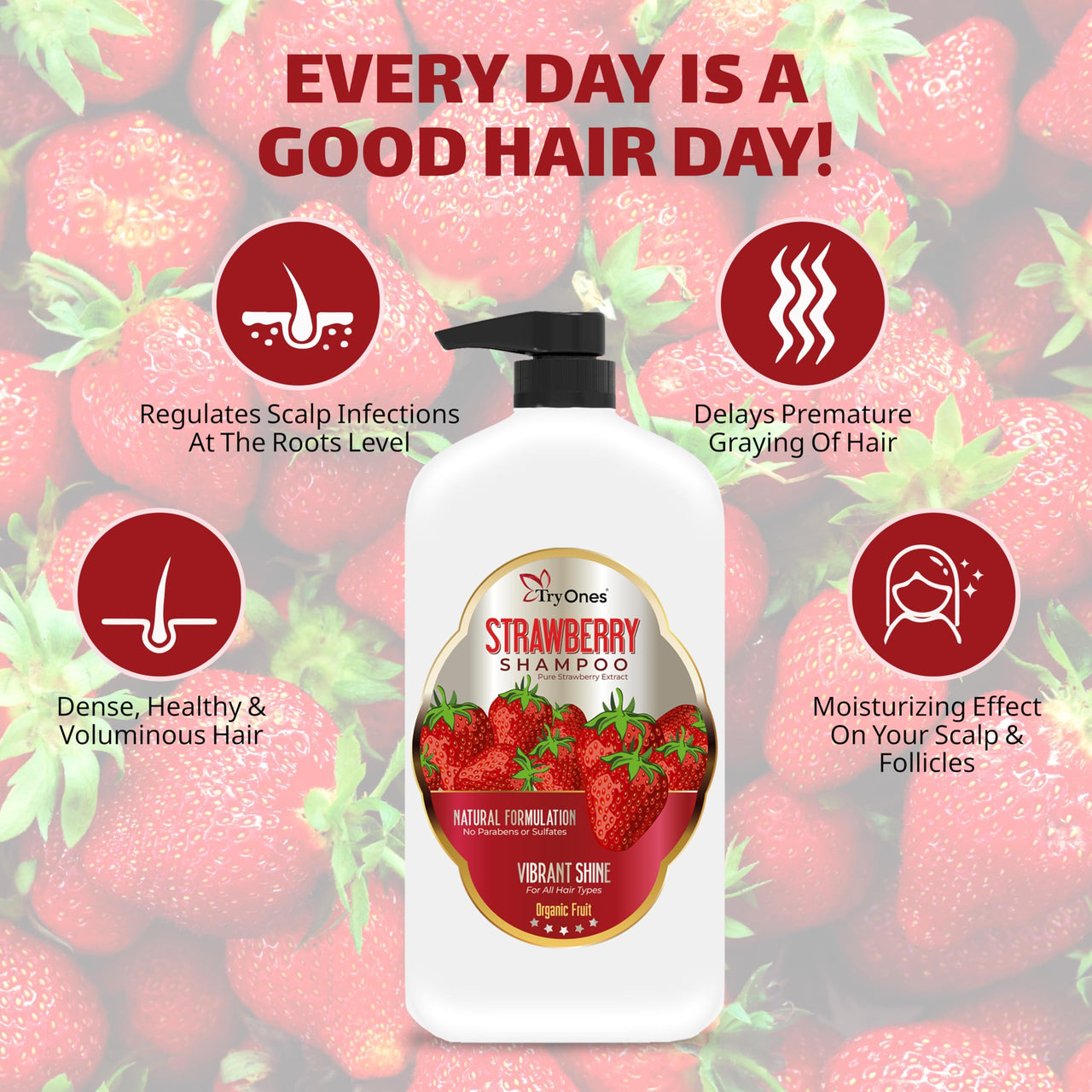 Tryones Strawberry Shampoo 1L - Natural Formulation for Vibrant Shine on All Hair Types