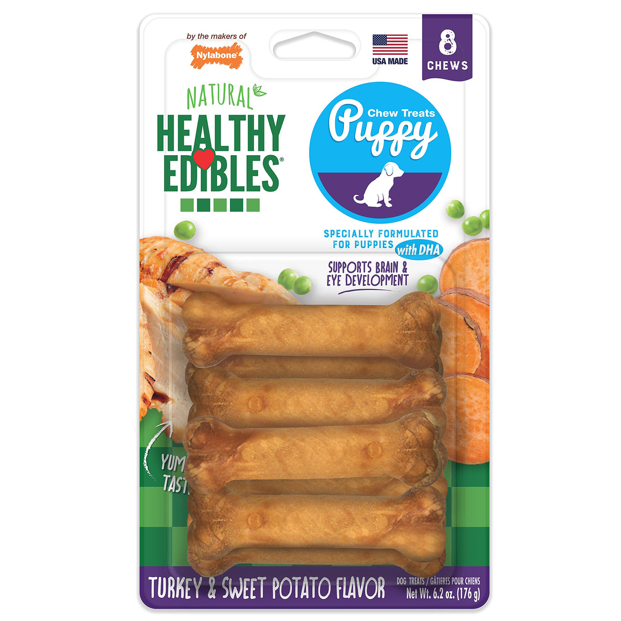 Nylabone Healthy Edibles Natural Puppy Treats - Long-Lasting Dog Treats - Puppy Supplies - Turkey & Sweet Potato Flavor, X-Small/Petite (8 Count) 1 Count (Pack of 8)