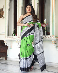Shivanya Handicrafts Women's  Hand block printed cotton mulmul fabric saree With Blouse Piece Traditional Jaipuri Print_Vari
