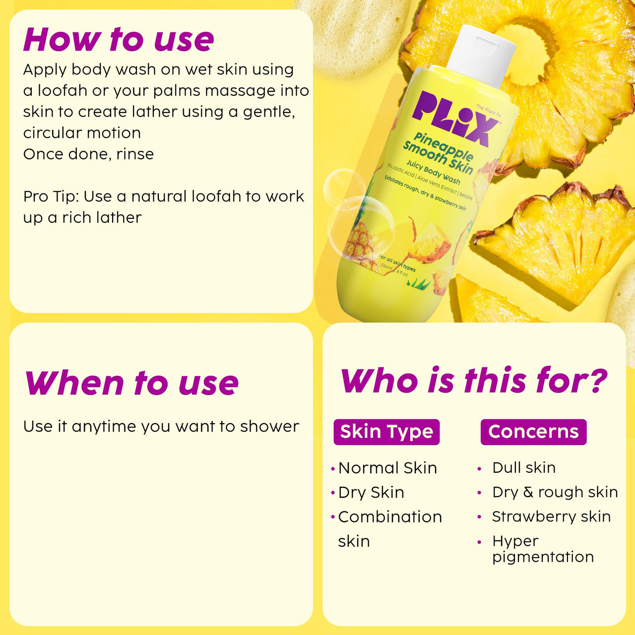 The Plant Fix Plix Pineapple 5% Lactic Acid Exfoliating Body Wash For All Skin Types, Paraben-Free Shower Gel, For Dry, Rough & Strawberry Skin, 236 Ml