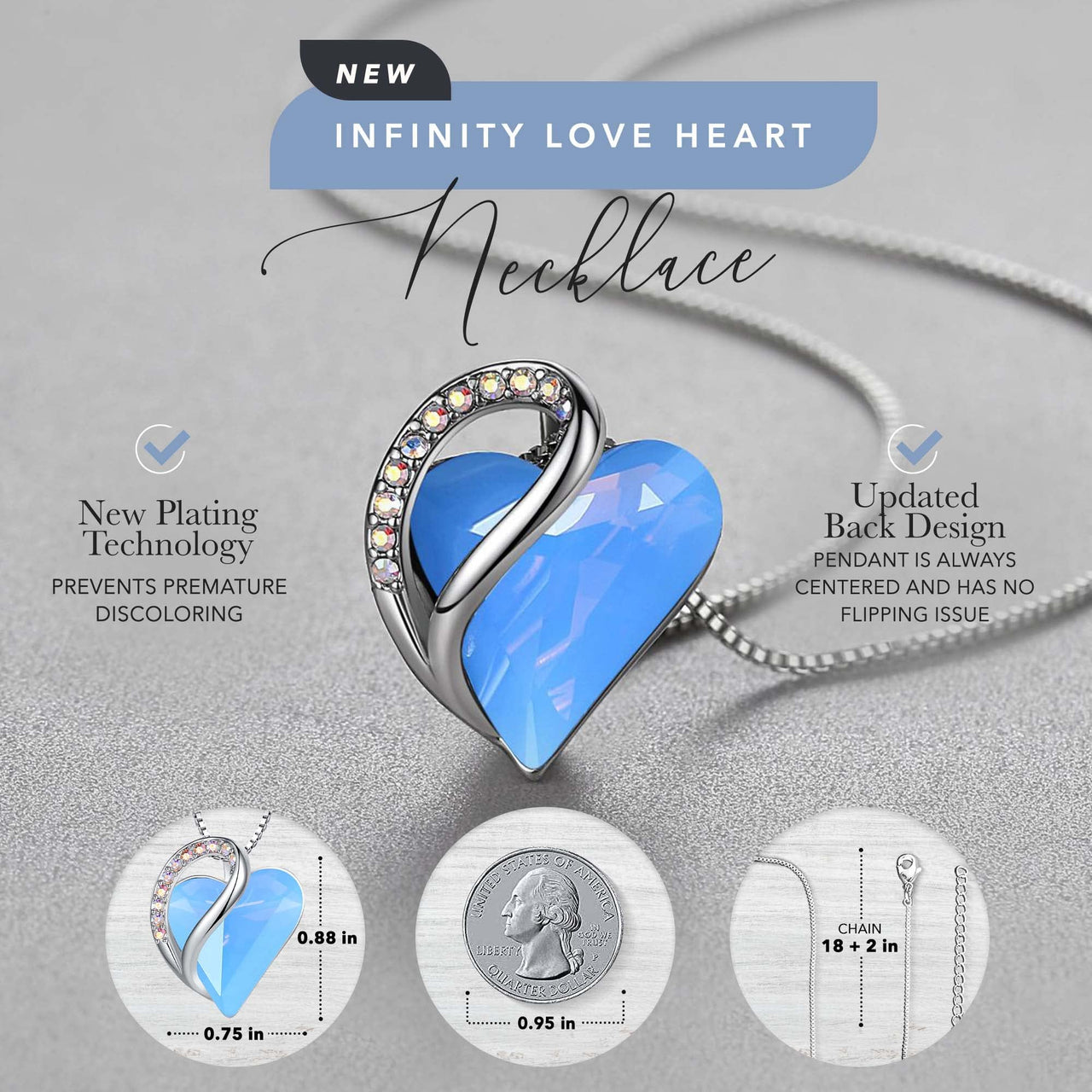 Leafael Women’s Silver Plated Infinity Love Heart Pendant Necklace with Birthstone Crystals, Jewelry Gifts for Her, 18 + 2 inch Chain, Anniversary Birthday Mother's  Necklaces for Wife Mom Girlfriend 18-Communication-Owyhee Opal Blue