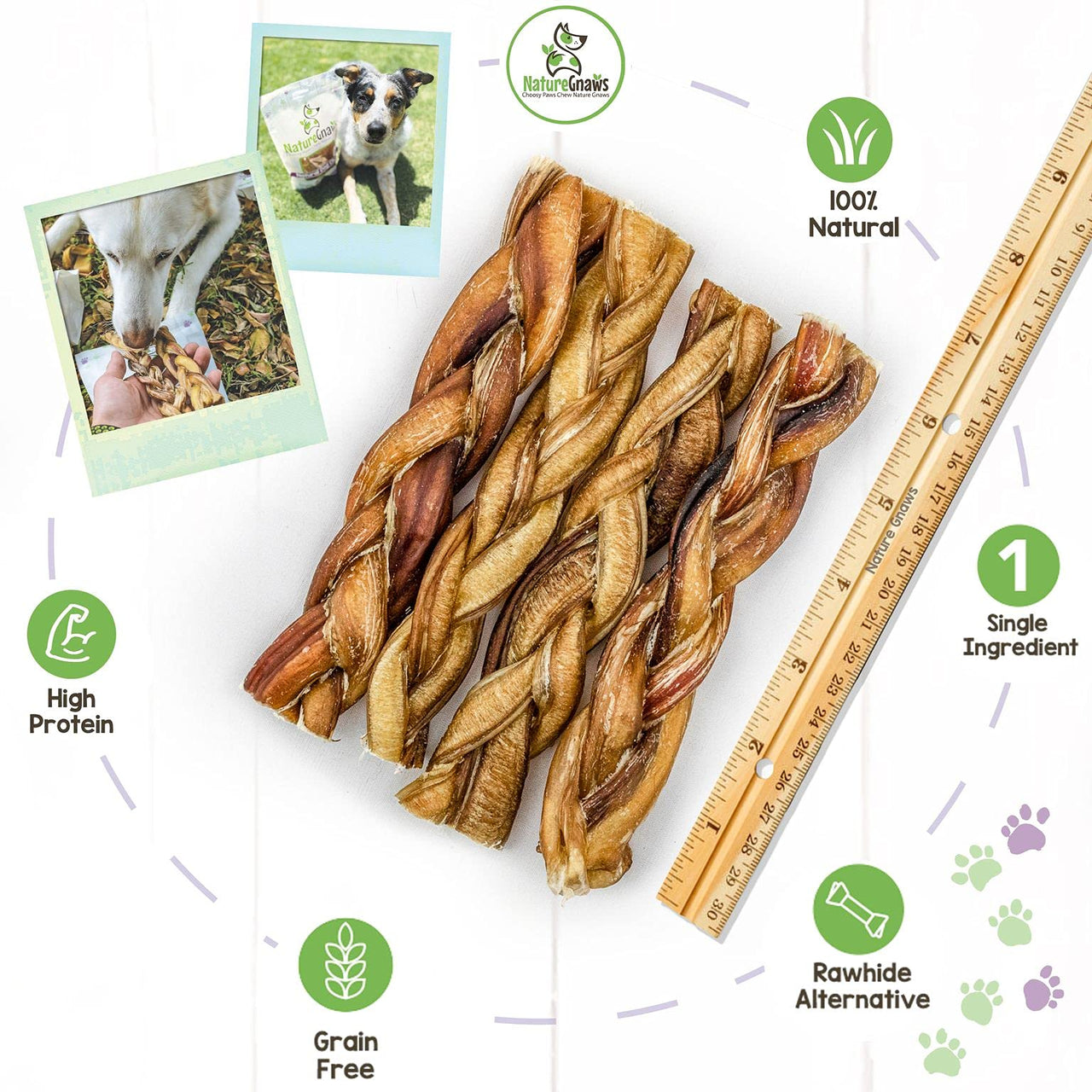 Nature Gnaws Braided Bully Sticks for Dogs - Premium Natural Beef Dental Bones - Long Lasting Dog Chew Treats for Aggressive Chewers - Rawhide Free 3 Count (Pack of 1) 3 Count (Pack of 1)