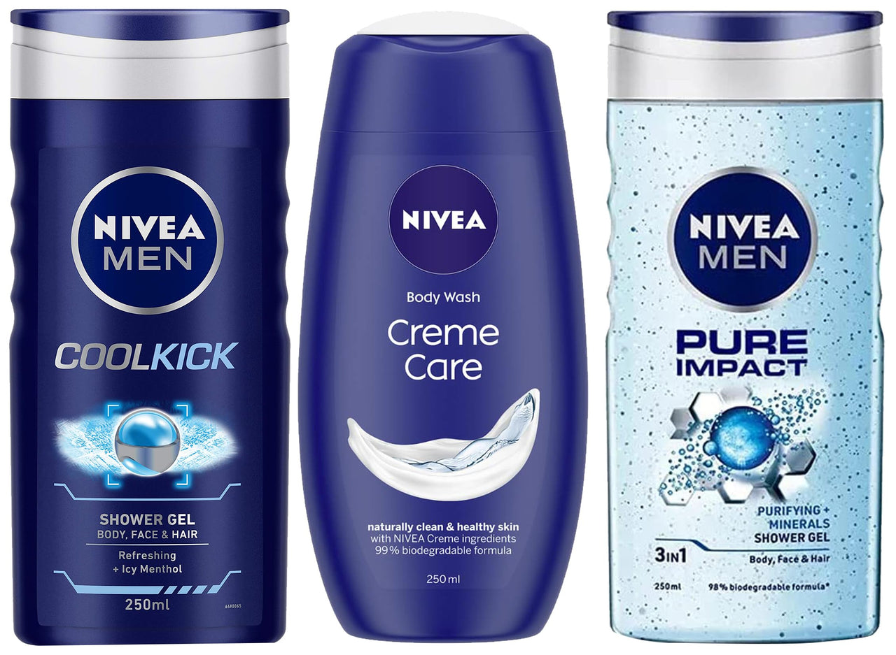 NIVEA Shower Gel, Crème Care Body Wash, Women, 250ml&NIVEA Men Body Washml250 ml&NIVEA Men Body Wash250 ml