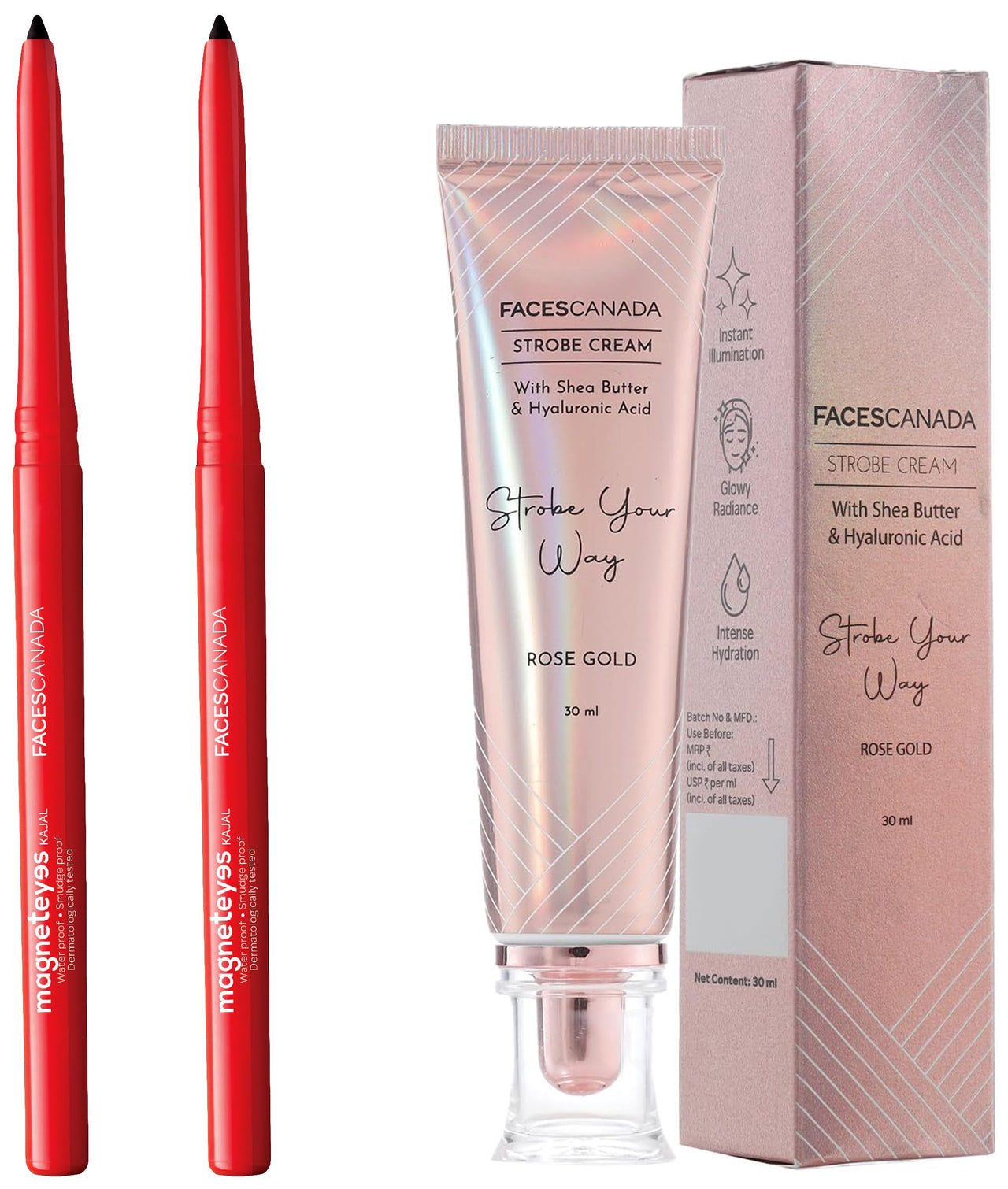 FACESCANADA Strobe Cream - Rose Gold, 30Ml And Facescanada Magneteyes Metallic Kajal Pencil - Black,0.35G (Pack Of 2)