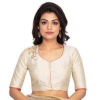 RENE Women's  Cotton Silk Floral Embroidered Half Sleeve Blouse