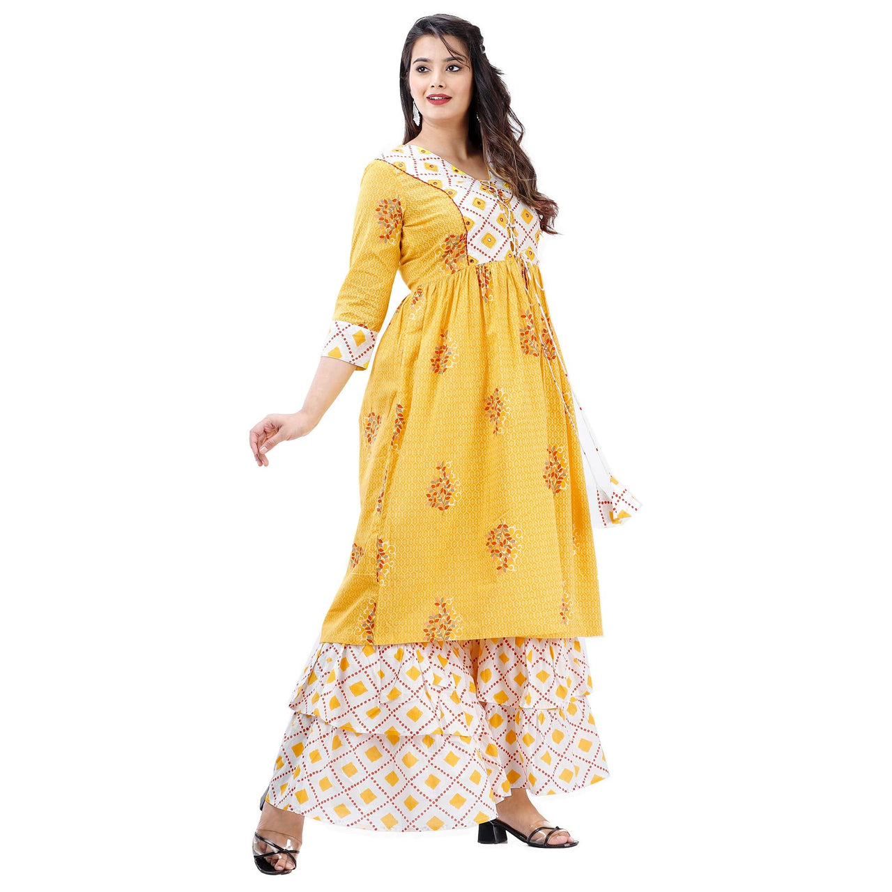 Ashta Vinayak Creations Women's  Casual Rayon Printed Flared Kurti With Sharara(AVC81_YELLOW_WHITE)