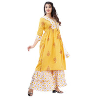 Ashta Vinayak Creations Women's  Casual Rayon Printed Flared Kurti With Sharara(AVC81_YELLOW_WHITE)