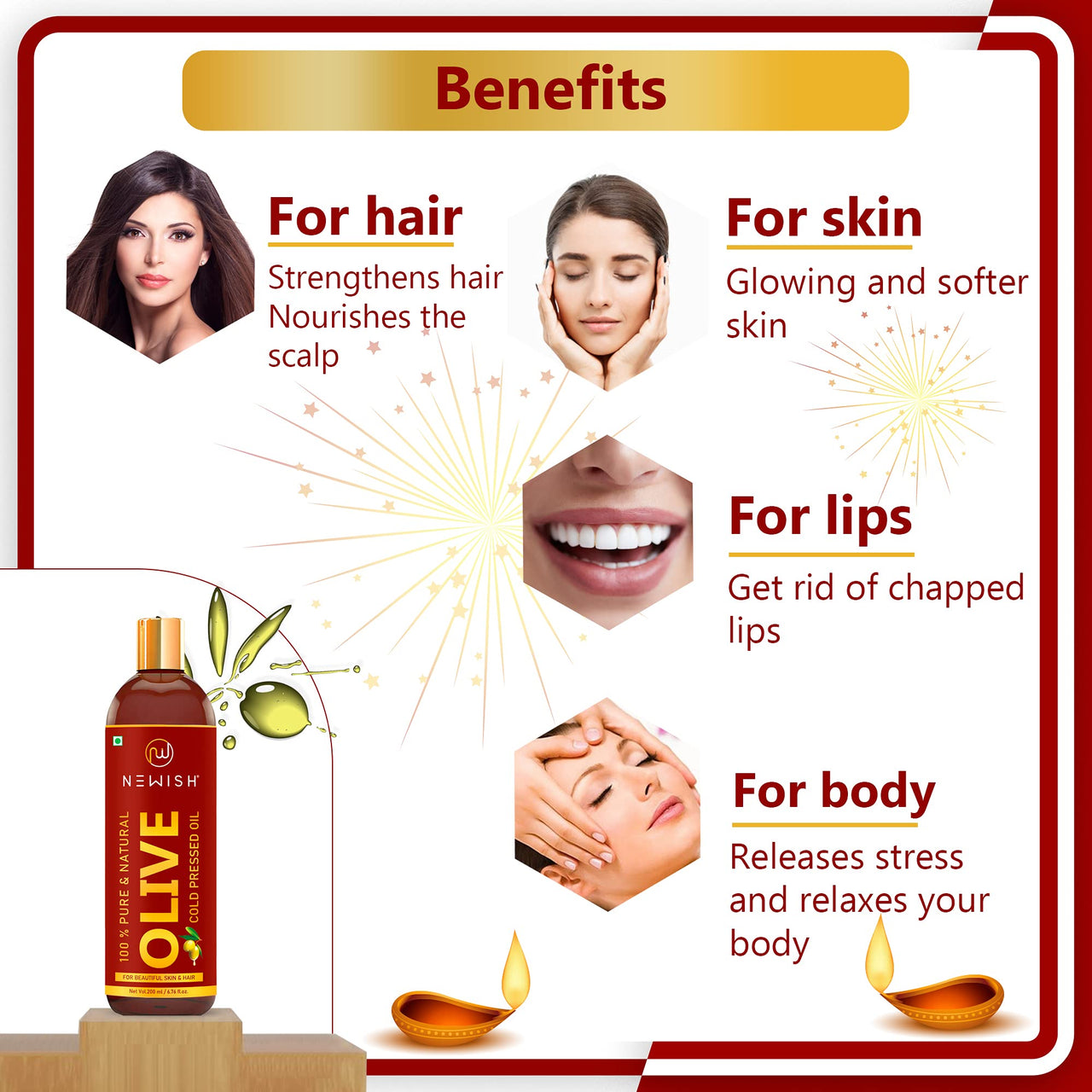 Newish Olive Oil for Hair, Skin & Body Massage | 200ml | Pure & Cold Pressed Olive Oil for Dry Scalp, Frizz Control & Glowing Skin | Non-Sticky Hair Oil for Men & Women