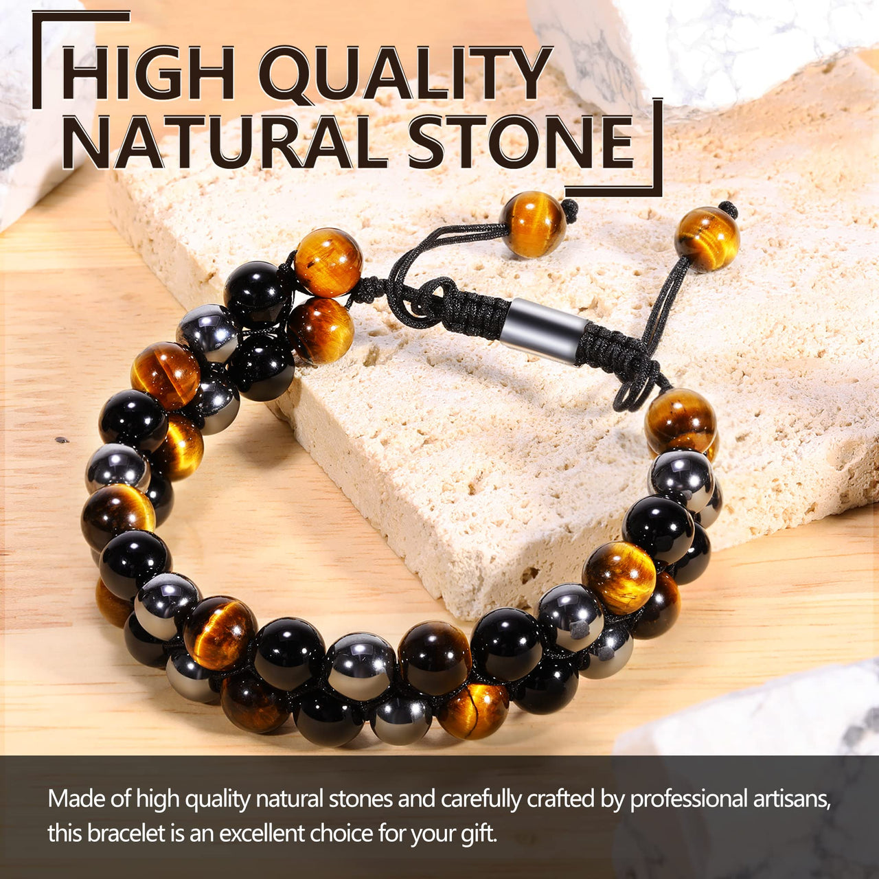 Ckkllws Triple Protection Bracelet for Men Women,Genuine Tigers Eye Obsidian and Hematite 8mm Beads Healing Crystal Bracelet,Bring Luck and Prosperity and Happiness(8mm,Double layer) 8mm,Double layer