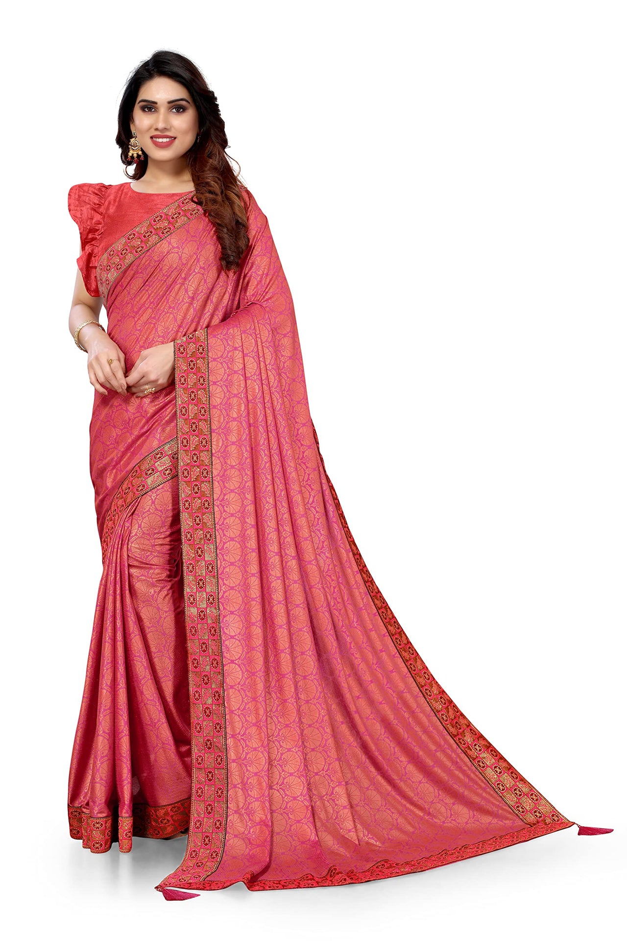 MIRCHI FASHION Women's  Stylish Lycra Foil Printed Design with Zari Woven Lace Work Saree with Blouse Piece