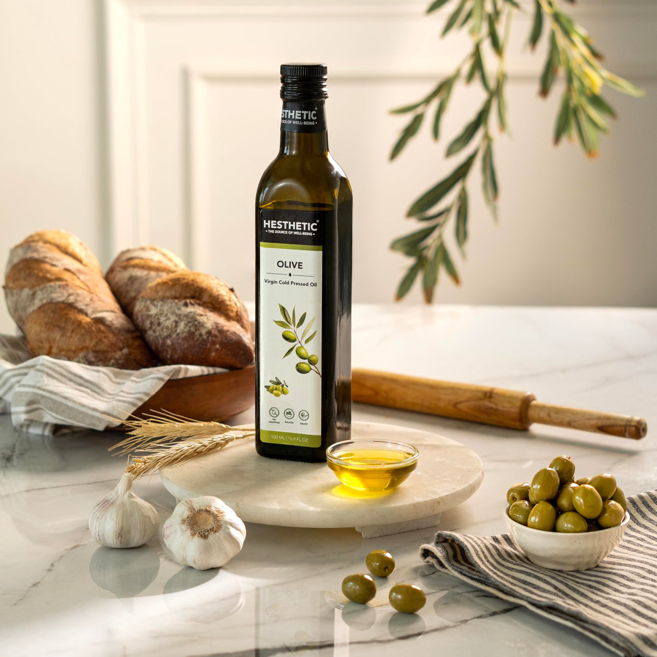 HESTHETIC Premium Pure Extra Virgin Olive Oil – 500ml, 100% Cold-Pressed, Ideal for Cooking, Baking & Salads, Natural Beauty Oil for Skin & Hair, Rich in Antioxidants & Nutrients