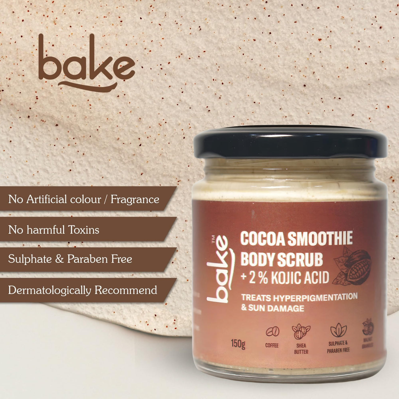 BAKE 2% Kojic Acid Coffee Smoothie Body Scrub For Pigmentation & Strawberry Skin | Tan Removal, Skin Exfoliation & Whitening | For Dark Knees, Elbows & Neck | 150g