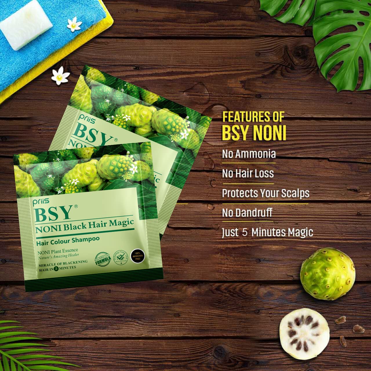BSY Noni Black Hair Magic Hair colour shampoo (12ml x 24 Sachets) | Ammonia Free Hair Color Shampoo for men| Natural Black Permanent Hair Dye Shampoo for women | Noni Fruit Hair Dye | 5 Minutes Hair Colour | Easy to use Hair Colour Shampoo