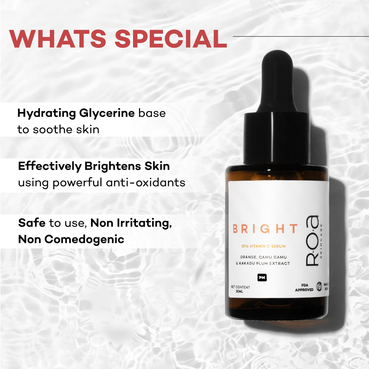 R.O.A Skincare BRIGHT 10% Vitamin C face serum for Men and women 30ml | Brightening glow Vitamin C face serum for dry sensitive or combination skin with Orange, Kakadu plum and Camu Camu extract