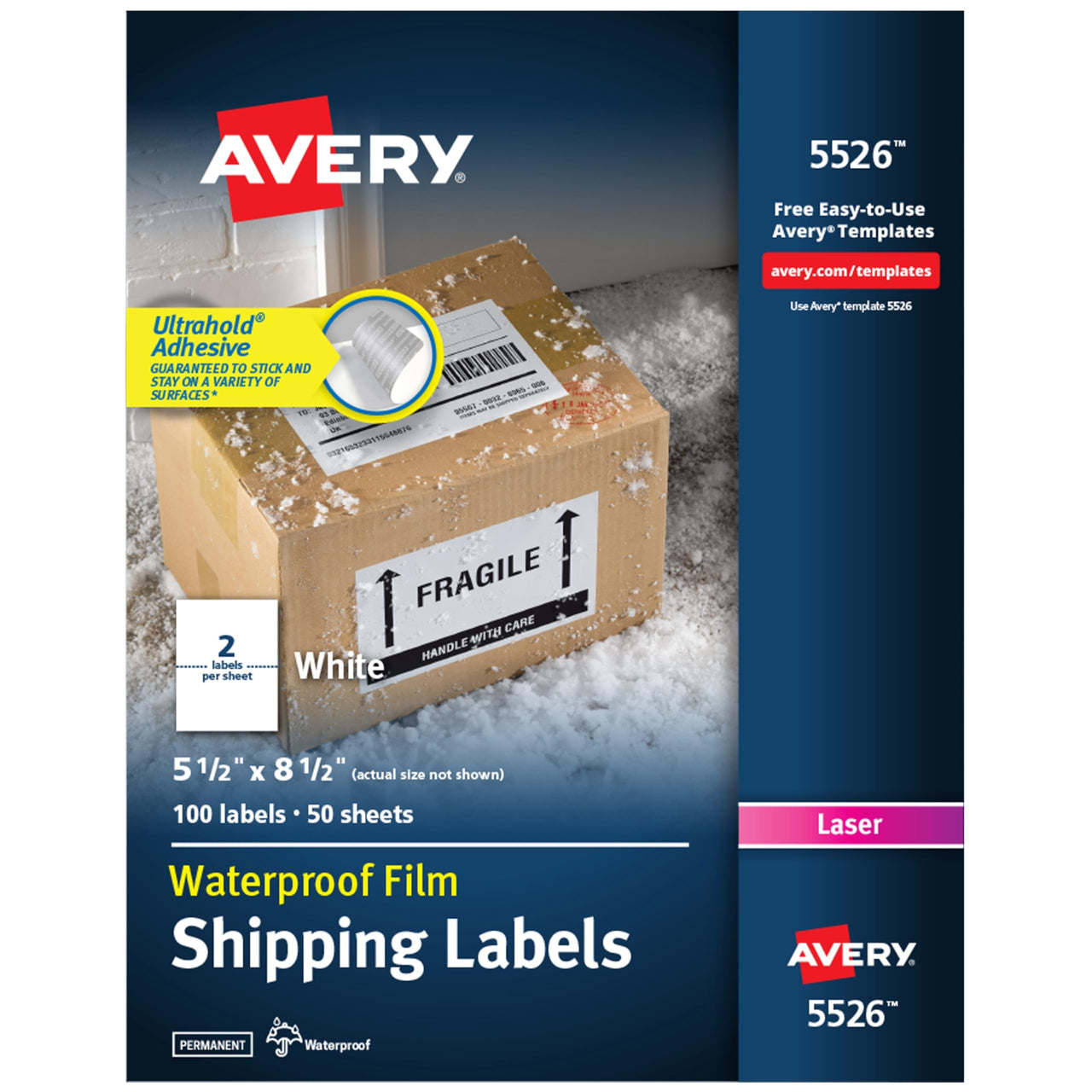 Avery Waterproof Printable Shipping Labels with Sure Feed, 5.5" x 8.5", White, 100 Blank Mailing Labels (5526) 100 labels