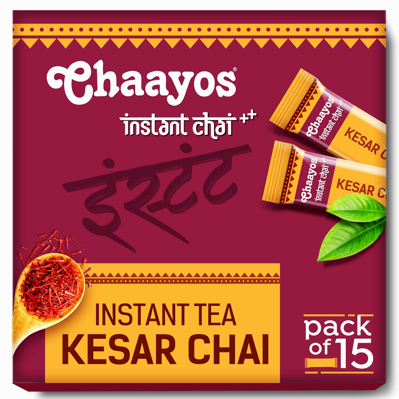 Chaayos Instant Tea Premix-Kesar-Regular Sugar (15 Sachets)|100% Natural Saffron|Kesar Chai|Masala Chai|Assam Tea|Desi Chai|Flavoured Tea|Premix Tea|Tea Mix Instant Sachets,390 Pounds - Assam, Powder