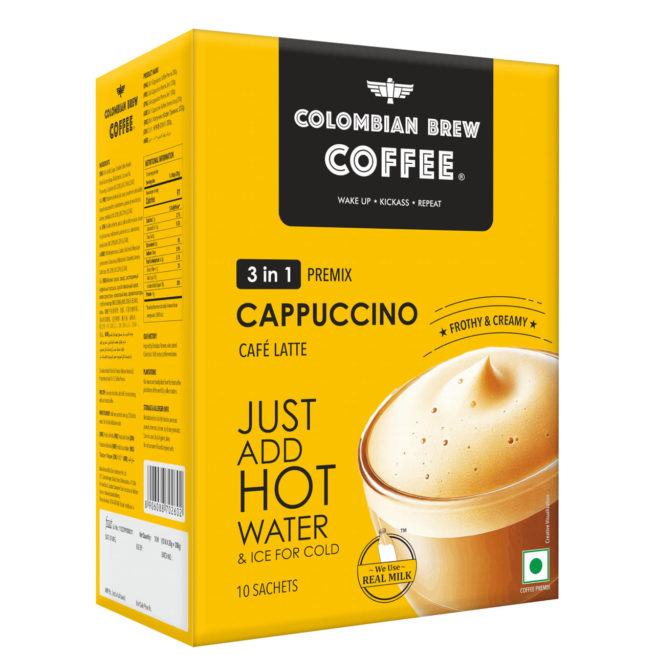 Colombian Brew 3 in 1 Cappuccino Café Latte, Instant Coffee Powder Premix, 10 Sachets Box