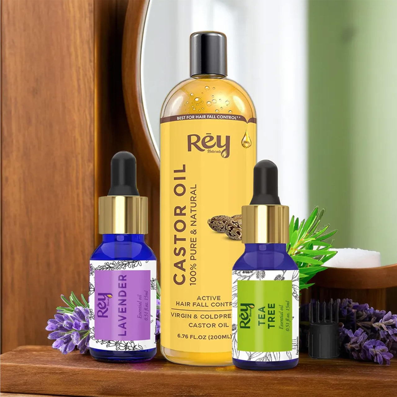Rey Naturals Cold Pressed Castor Oil For Hair Growth (200ml), Tea Tree Oil For Hair and Lavender Oil For Hair Growth & Shiny Hair (15ml Each) | Lavender Essential Oil DiffuserTea tree Oil For Face &