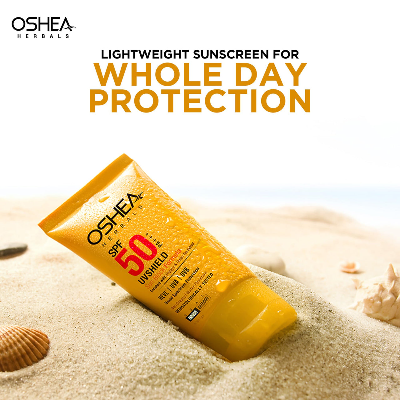 Oshea Herbals UVShield SPF 50 PA+++ Sunscreen | Broad Spectrum UVA & UVB Protection for All Skin Types | Water Resistant & Enriched with Papaya & Green Tea Extract - 120g (Pack of 2)