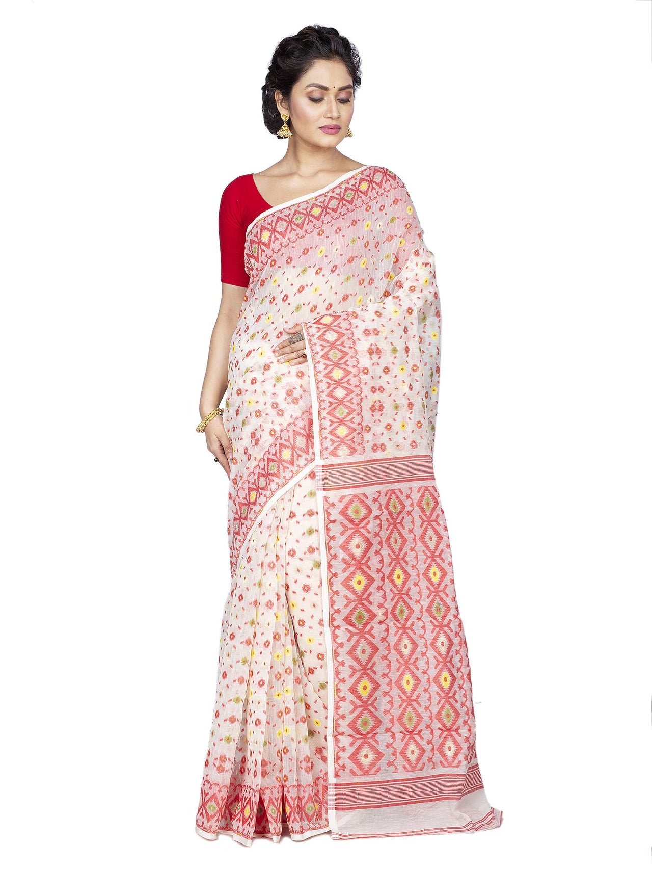 T.J. SAREES Women's  Jamdani Silk Blend Saree Without Blouse Piece