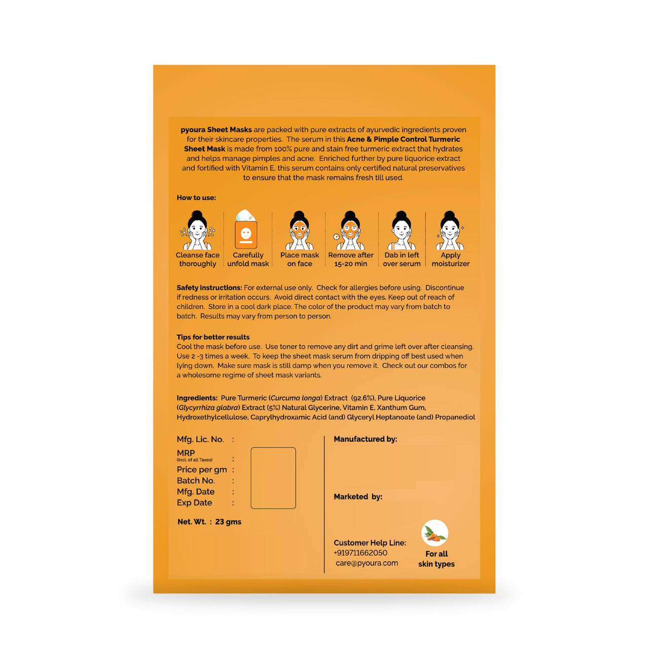 PYOURA Acne-Fighting Turmeric Face Sheet Mask, Stain-Free, Relieves Painful Inflammation, Skin-Nourishing Formula, Acne Pimple Control, Ayurvedic, Vegan & Cruelty-Free Pack of 2, Each 23g