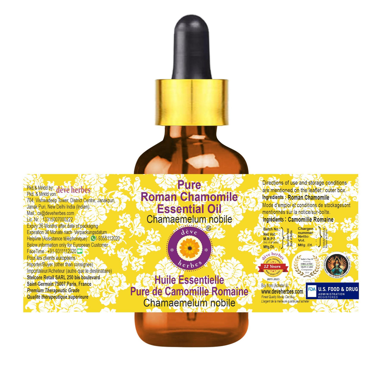 Deve Herbes Pure Roman Chamomile Essential Oil (Chamaemelum nobile) with Glass Dropper Steam Distilled 2ml