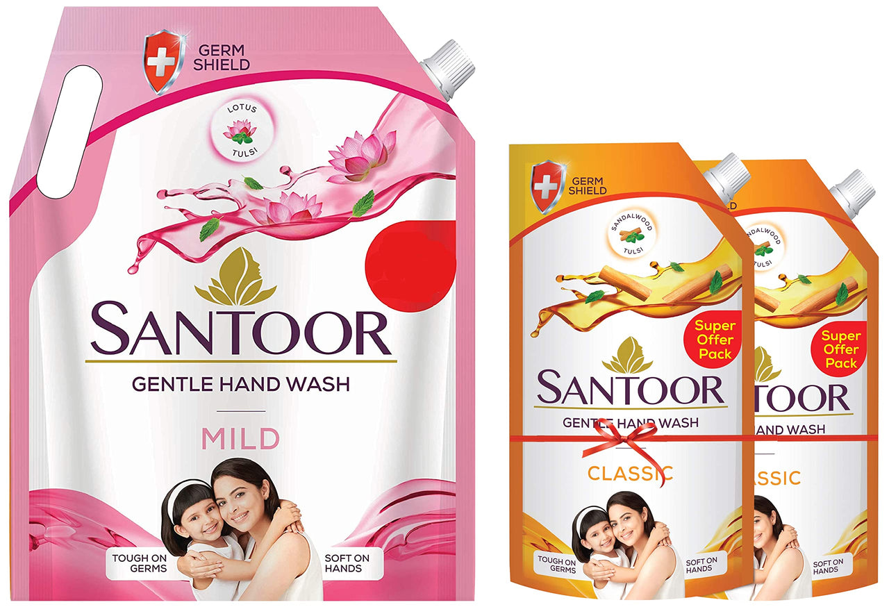Santoor Classic Gentle Handwash with Sandalwood and Tulsi for Bacteria and Germ Protection, 750ml, Pack of 2 & Santoor Mild Handwash, 1500 ml