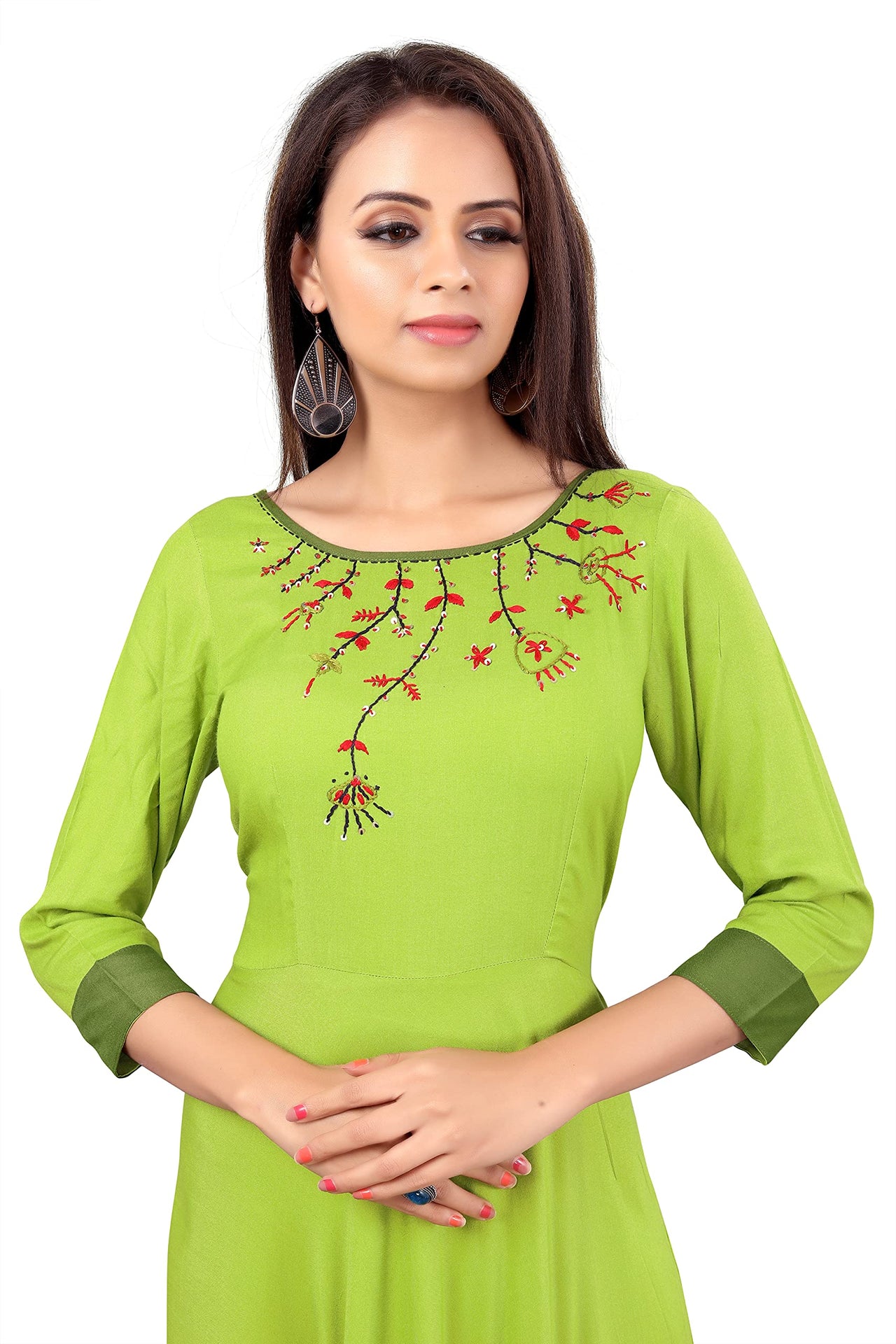 madhuram Women and Girls Rayon Hand Work and Anarkali Kurti Set with 3/4 Sleeve Jacquard Green Dupatta with Round Neck Kurta Set