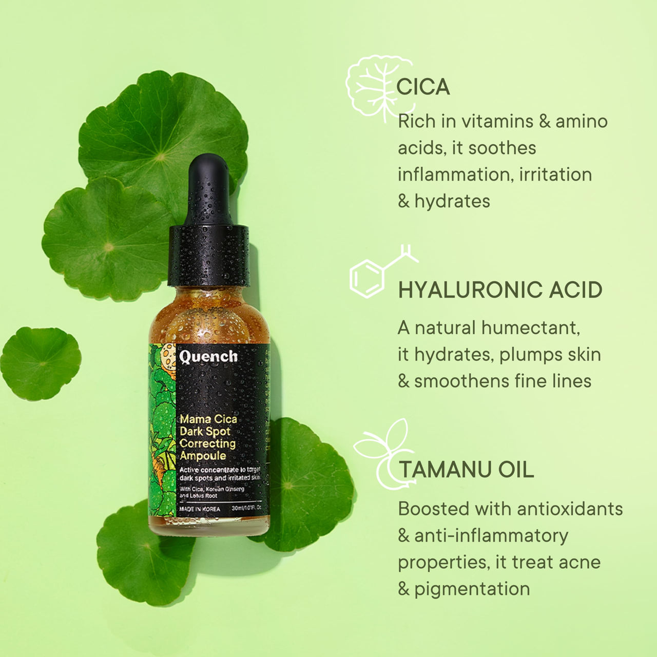 Quench Dark Spot Correcting Serum with Cica Herb Repair & Hyaluronic Acid | Concentrated Ampoule to Reduce Dark Spots | For Pigmented and Uneven Skin Tone | Made in Korea (30ml)