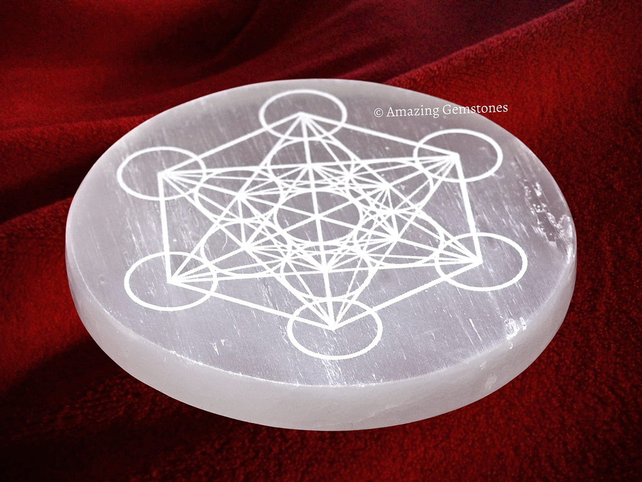 Selenite Crystal Charging Plate For Crystals And Healing Stones, 4.5" Selenite Crystal Plate Engraved Metatron Cube Coaster For Home Office Table Decor (Selenite Round Disc)