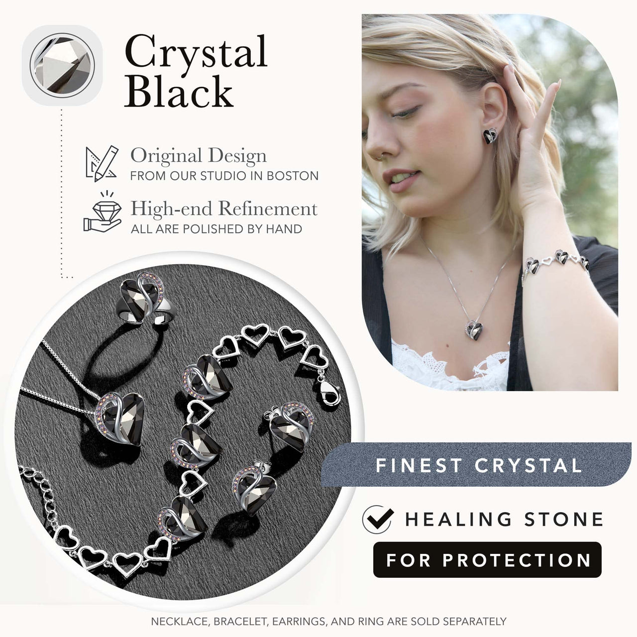 Leafael Women’s Silver Plated Infinity Love Heart Pendant Necklace with Birthstone Crystals, Jewelry Gifts for Her, 18 + 2 inch Chain, Anniversary Birthday Mother's  Necklaces for Wife Mom Girlfriend 13c-Protection-Crystal Black