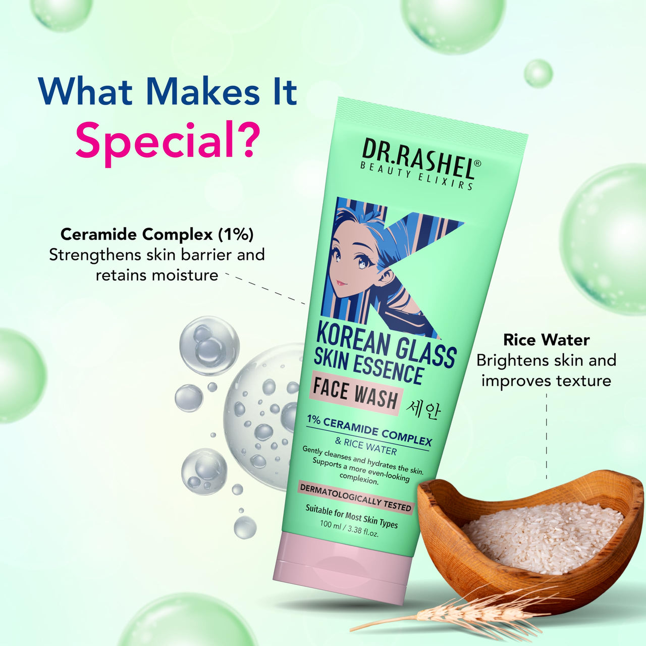 Dr.Rashel, Korean glass skin essence facewash||Rice Water and 1% Ceramide Complex - 100ml