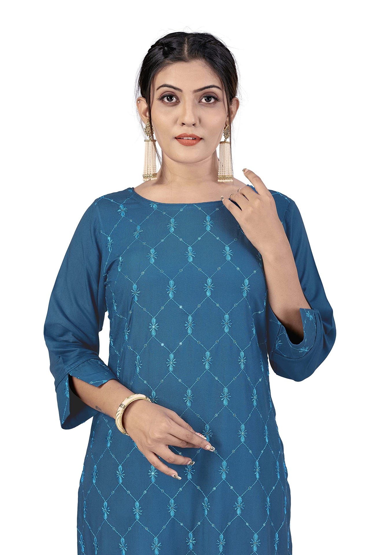 Fashion Dream Women Viscose Rayon Sequence Embroidered Straight Kurti