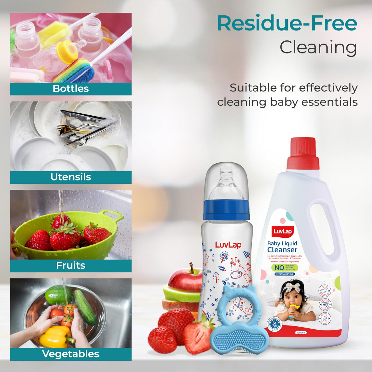 LuvLap Baby Liquid Cleanser 1000ml, For cleaning feeding bottle, cutlery, toys, fruits & vegetables, Kills 99.9% Germs, pH Balanced Dermatologically tested formula, No harsh chemicals, Bio-degradable