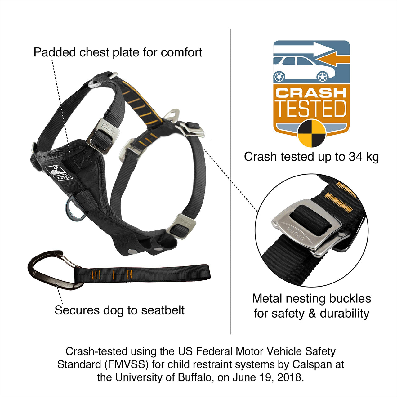 Kurgo Dog Harness | Car Harness for Dogs | Medium | Black | Pet Safety Seat Belt | Certified Crash Tested Harness | Car Seatbelt | Tru-Fit Enhanced Strength Style