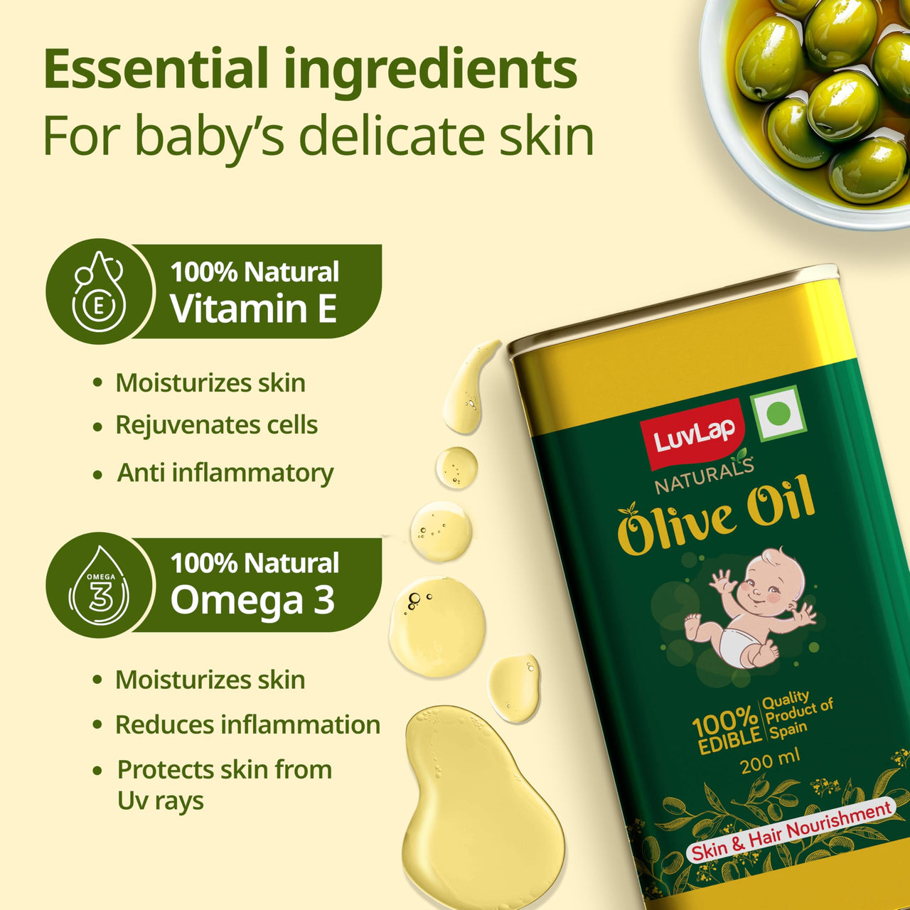 LuvLap Naturals Baby Body Massage Olive Oil, 200 ML, Spanish Premium Olive Oil, Enhances Bone & Muscle Strength, 200 ML