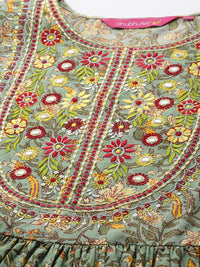 anubhutee Women's  Green Mirror Work Embroidered Printed Kurta Set with Sharara and Dupatta L