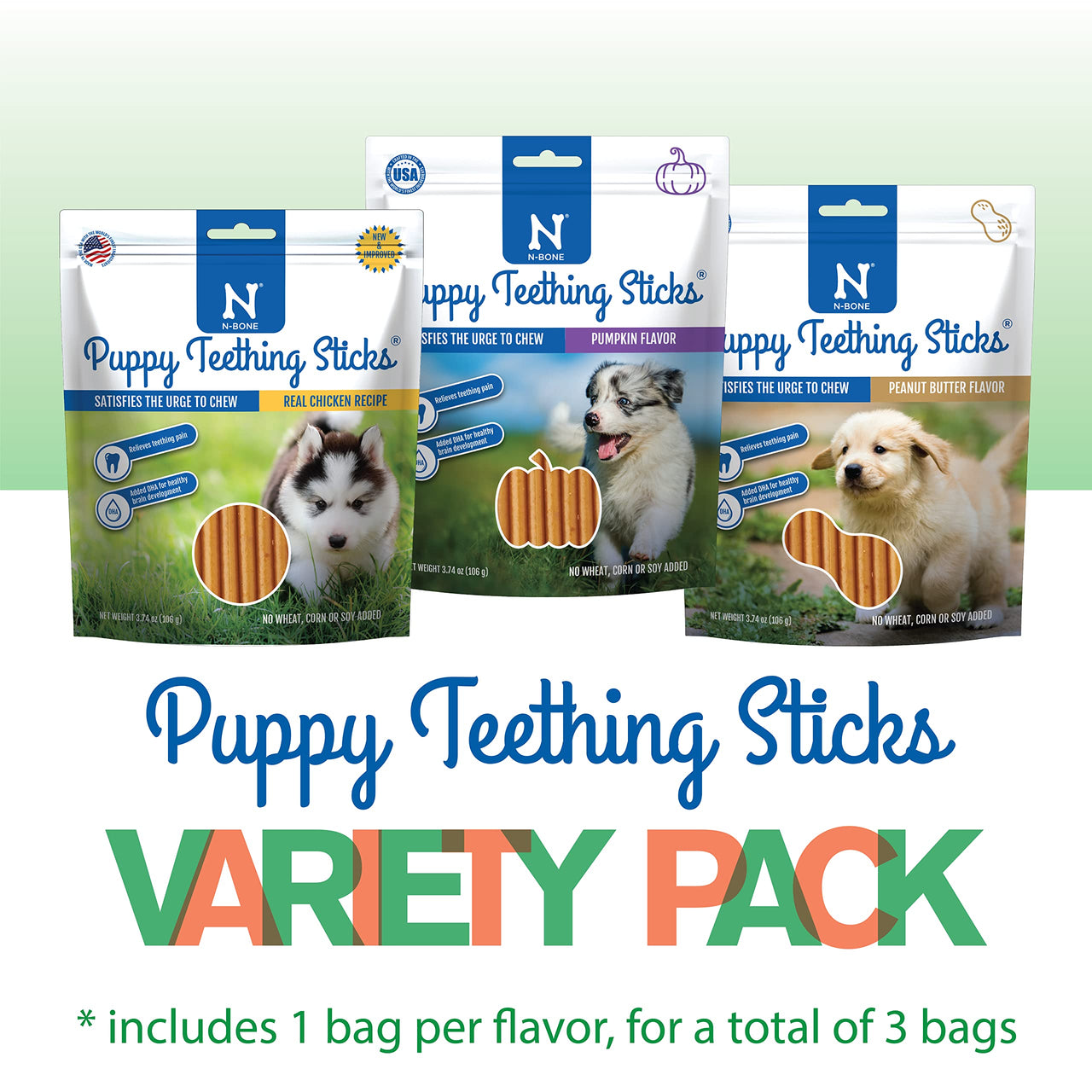 N-Bone Puppy Teething Sticks Variety Pack, Chicken & Pumpkin & Peanut Butter Flavor, Total 3 Bags, 11.22-oz