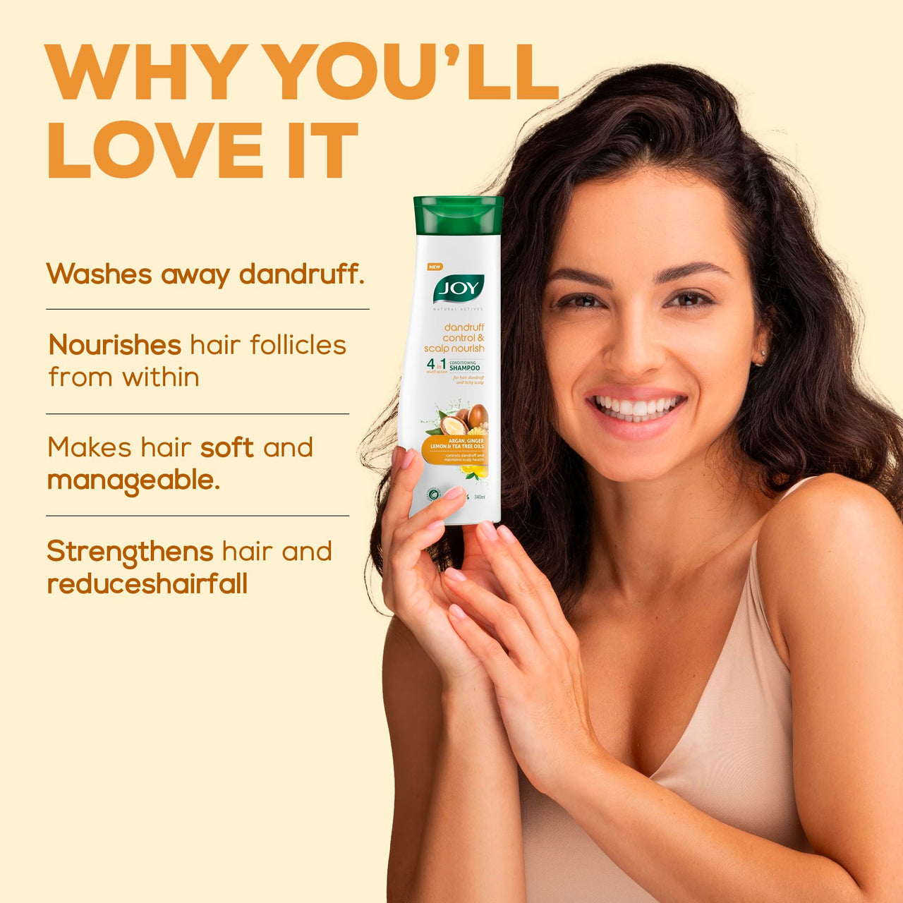 Joy Anti Dandruff Shampoo with Tea Tree, Ginger & Lemon for Dry & Itchy Scalp (340ml) | 4 in 1 Conditioning Shampoo for Dandruff Control & Soft Hair | Vegan & Paraben Free | For Men & Women