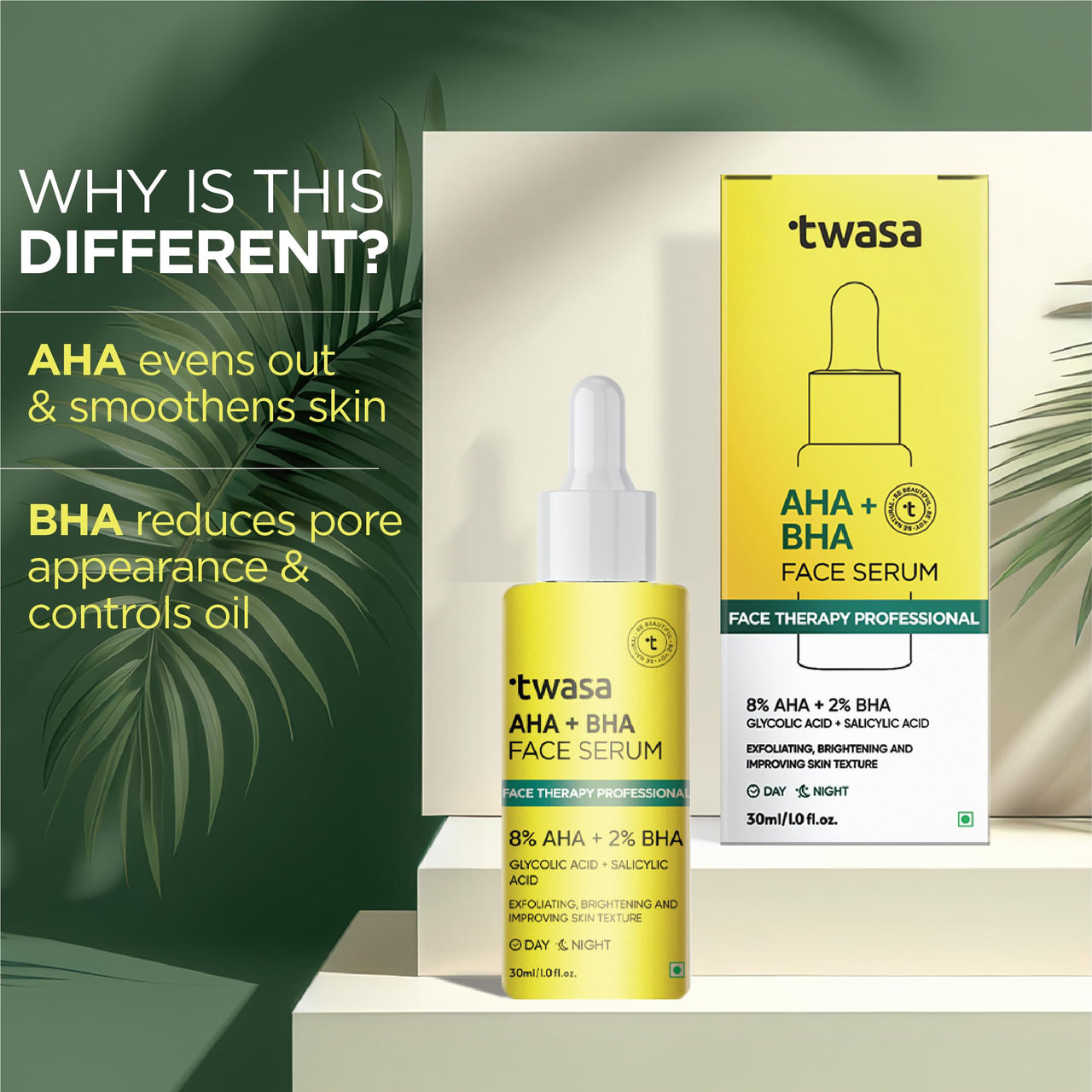 Twasa 8% AHA + 2% BHA Exfoliating Face Serum For Reduces Excess Oil, Fights Acne | Skin Renewal, Improved Skin Texture, Brightening & Even Skin Tone, Men & Women | 30ml
