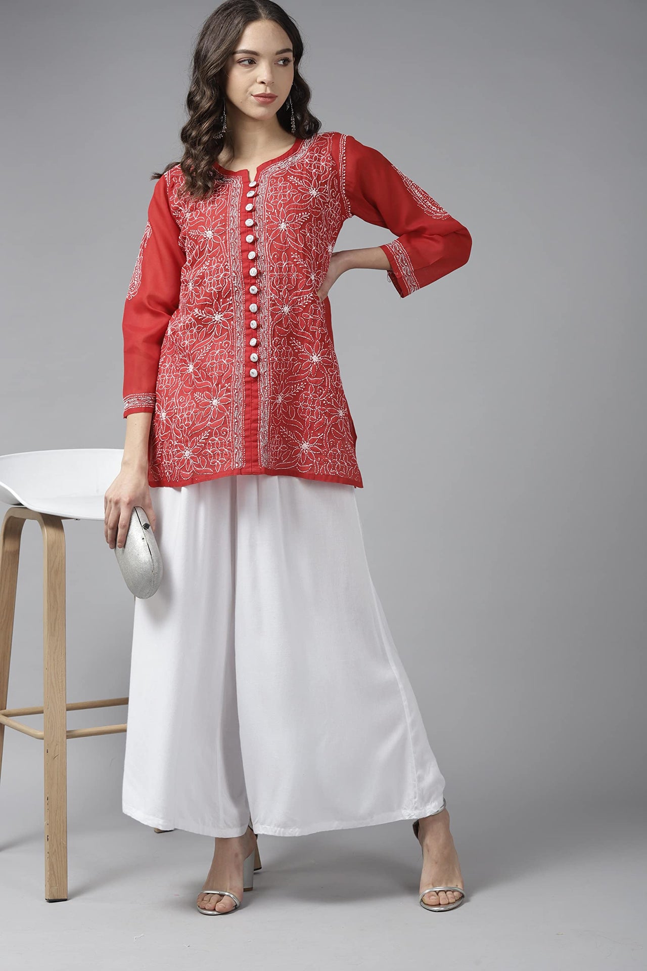 Ada Women's  Hand Embroidered Lucknowi Chikankari Cotton Straight Short Top Kurti A178625