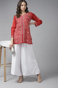 Ada Women's  Hand Embroidered Lucknowi Chikankari Cotton Straight Short Top Kurti A178625