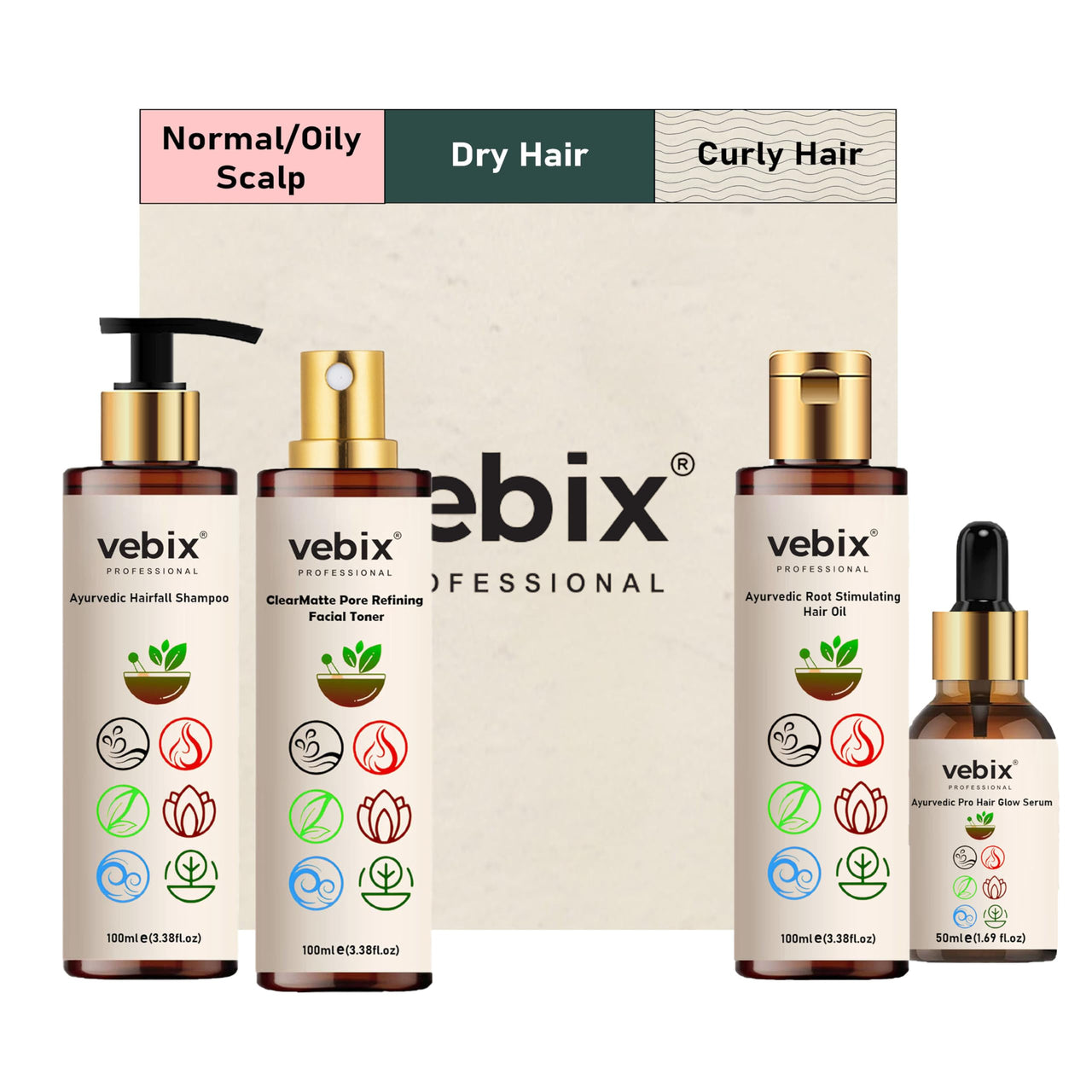 VebixProfessional Customised Regimen -4 Ayurvedic Product Kit - HairFallControl- AntiHairFall Neem Oil +Lotus AntiHairfall Shampoo + Hair ShinningSerum & Face Toner -11.83 Fl.oz (Dry Hair)